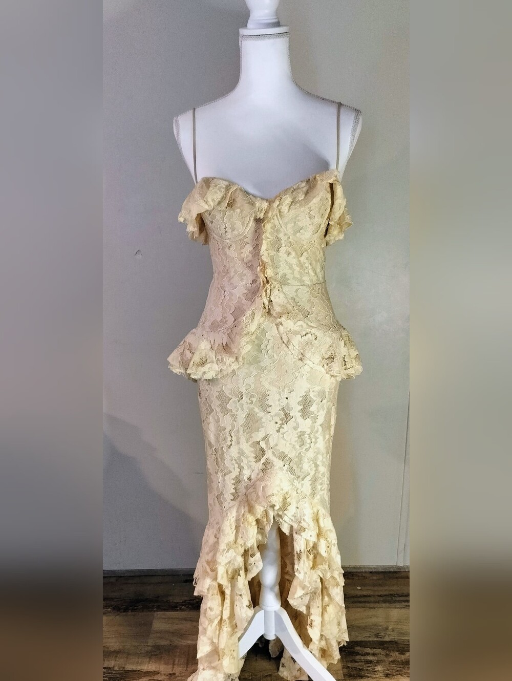 Lovers + Friends Vintage Lace Peplum Mermaid Dress in Cream